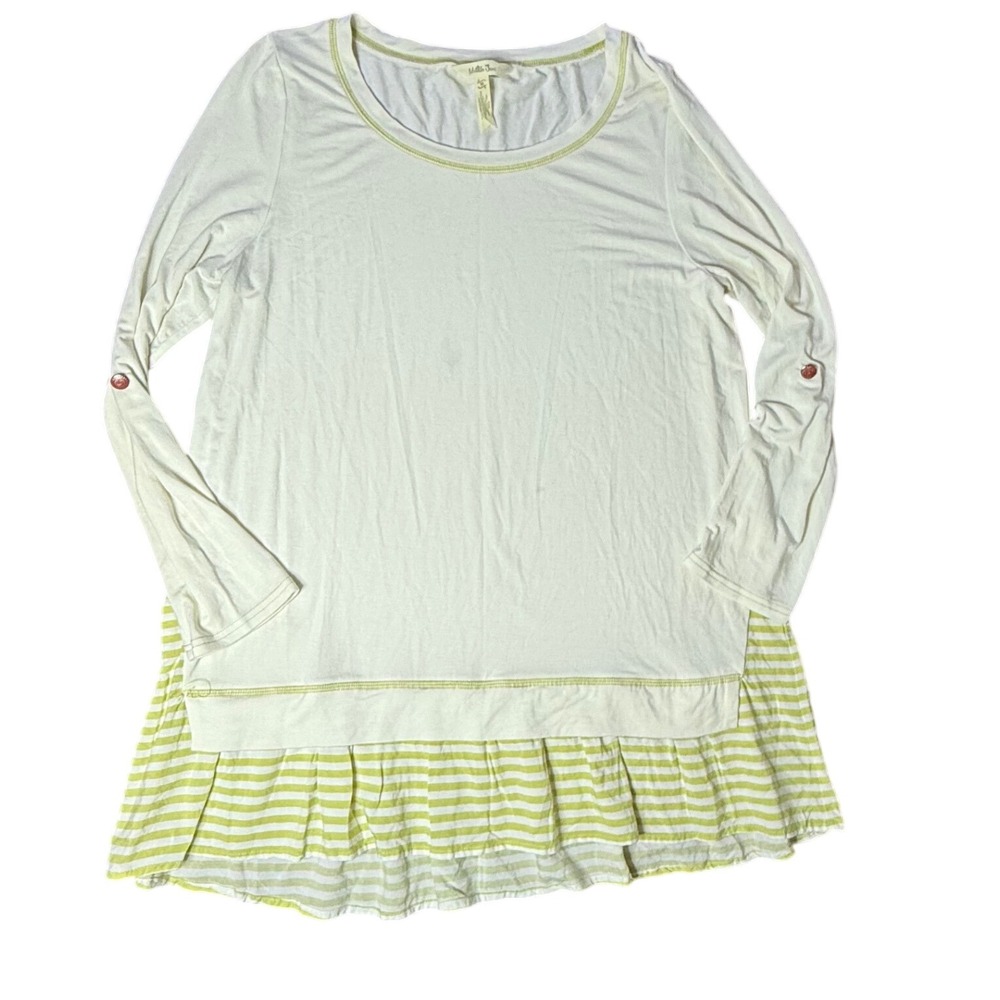 Matilda Jane Women's Top M Medium Cream‎ Green Striped Long Sleeve Ruffle Hem
